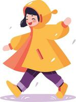 Hand Drawn A child in a raincoat showing a joyful expression that it is raining in flat style vector