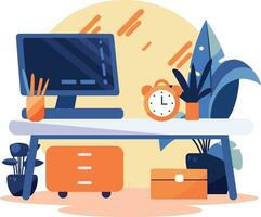 Hand Drawn desk in the office is organized in order in flat style vector