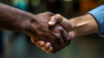 business handshake of two businessmen shaking hands in the city Generative AI, AI Generated photo