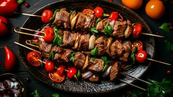 más importante carne plato de turco cocina kebabs es un Rico producto ese es cocido en ascuas shish brocheta con hongos, Cereza tomate, y dulce pimienta, A la parrilla carne brochetas parte superior vista. generativo ai foto