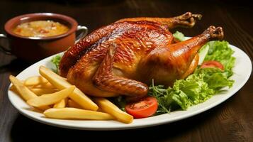 Roasted half chicken with crispy golden brown skin served with fresh salad and french fries. photo