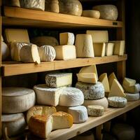 Storage of cheese of different varieties on wooden shelves in the refrigerator. Cheese on the shelves of the storage chamber. photo