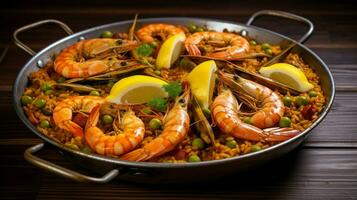 Prawn with rice - closeup of prawn with rice - traditionnal spanish food paella. photo