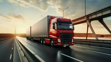 A cargo truck with a container is seen driving across a bridge, while a semi-truck with a cargo trailer follows closely behind. photo