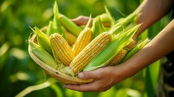 Ears of ripe corn in a basket on a background of green grass. Close-up shot. Concept of agriculture and production of natural eco-products. photo