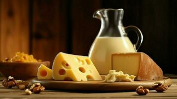 Wedge of Swiss cheese with jug of milk on an old wooden table. Close-up of board with cheese, milk jug, nuts and honey on a dark background photo