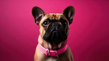 cute bulldog puppy in front of a pink background with copy space Generative AI, AI Generated photo