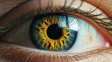 close up view of eye with yellow eyelashes Generative AI, AI Generated photo