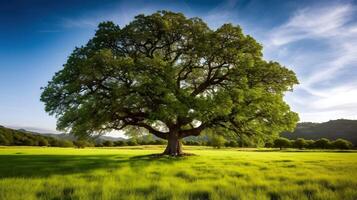 hermosa grande antiguo árbol en el campo generativo ai, ai generado foto