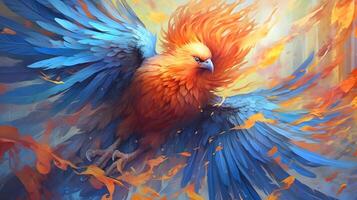 3d illustration of a colorful bird with a burning fire , photo