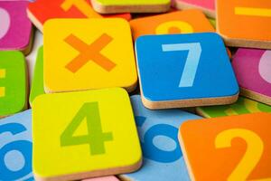 Número de matemáticas colorido, estudio educativo, aprendizaje de matemáticas, concepto de enseñanza. foto
