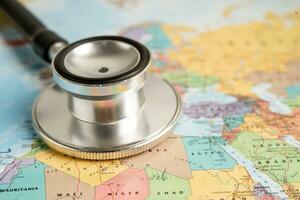 Bangkok, Thailand June 1, 2022, Stethoscope on Europe world globe map background. photo