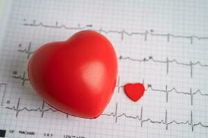 rojo corazón en electrocardiograma ecg con rojo corazón, corazón ola, corazón ataque, cardiograma informe. foto