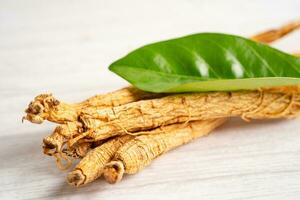 ginseng, hierba vegetal seca. comida sana comida de exportación famosa en el país de corea. foto