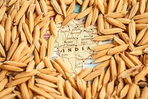 Bangkok, Thailand May 14, 2023 Brown rice paddy seeds on India map, India rice export ban trigger a global food crisis concept. photo