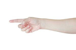 female hand touching or pointing to something isolated on white background photo