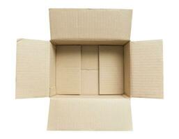 Open empty brown cardboard box isolated on white background top view photo