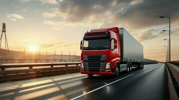 A cargo truck with a container is seen driving across a bridge, while a semi-truck with a cargo trailer follows closely behind. photo