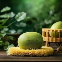 verde corona almizcle melón en borroso verdor fondo, Cantalupo corona melón Fruta en bambú estera en de madera mesa en jardín generativo ai foto