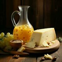 Wedge of Swiss cheese with jug of milk on an old wooden table. Close-up of board with cheese, milk jug, nuts and honey on a white background photo