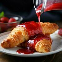 Pouring strawberry syrup on sweet croissants on a white plate. Delicious croissants for breakfast or snacks. photo