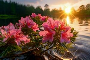 Azalea, sunrise flowers water landscape zoom close up color fragrant beautiful rare pink Generative AI photo