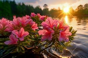 Azalea, sunrise flowers water landscape zoom close up color fragrant beautiful rare pink Generative AI photo