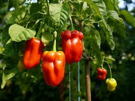 bell pepper hanging on tree in garden Generative AI photo