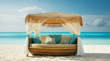 relajarse en un cómodo salón cama con pabellón en el hermosa tropical playa paisaje. foto