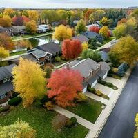 Overhead aerial view of colorful autumn trees, residential houses, and yards with drainage pond along a suburban street in the Chicago area. photo