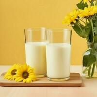 Two glass of milk with flower on a wooden table in a yellow background, nutritious and healthy dairy products concept photo