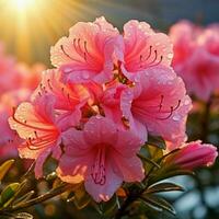 Azalea, sunrise flowers water landscape zoom close up color fragrant beautiful rare pink Generative AI photo