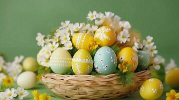 Easter Eggs and spring flowers in a basket on a table over yellow background. Excellent Rotation Beautiful colorful eggs decorated and painted. photo