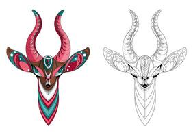 Vector image of a horned animal, consisting of geometric shapes according to the principle of the golden ratio and an outline image for coloring. Antelope. Cartoon. EPS 10