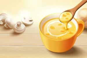 Corn cream soup with mushroom on wooden table in 3d illustration vector