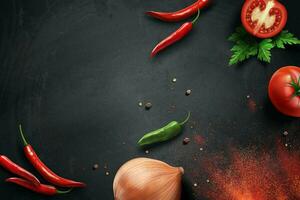 Chili and onion ingredients on chalkboard in 3d illustration vector