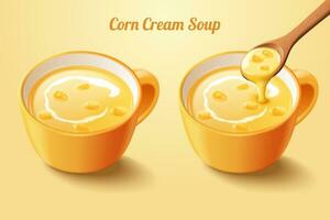 Corn cream soup with spoon in 3d illustration on light yellow background vector