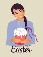 Happy Easter. A Ukrainian woman in a blue embroidered shirt with a pigtail holds Easter cake in her hands. Vector. vector