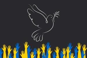 White dove of peace on a black horizontal background and people's hands raised up Vector. vector