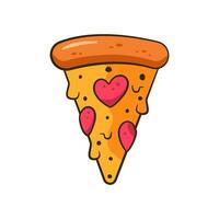 San Valentín rebanada de Pizza con en forma de corazon pepperoni. dibujos animados vector