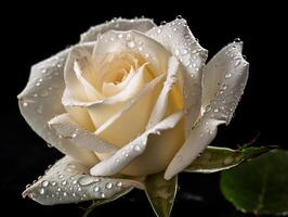 Pure Beauty - A Close-Up of a White Rose with Dew Drops - AI generated photo