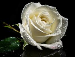 White Rose with Dew Drops on Black Background - Close-up Photography with Intricate Petal Details and Green Leaves - AI generated photo