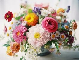 Colorful Bouquet of Flowers on White Background with Film Grain Texture - AI generated photo
