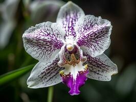 Close-up of Purple and White Orchid with Blurred Green Foliage in Natural Light - AI generated photo