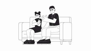 Tochter und Papa Streit bw Karikatur Animation. wütend Vater Disziplinierung Kind 4k Video Bewegung Grafik. asiatisch Elternteil Schelte Kind 2d einfarbig Linie animiert Zeichen isoliert auf Weiß Hintergrund