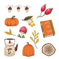 conjunto otoño acogedor elementos, pegatinas con follaje, bosque decoraciones, bellota, champiñón, Derecha Rosa cadera bayas, libro y calabaza en dibujos animados estilo aislado en blanco antecedentes. . vector ilustración