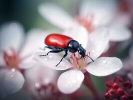 rojo y negro insecto en blanco pétalo - macro fotografía de de la naturaleza intrincado belleza - ai generado foto