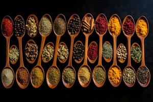 The Art of Seasoning - A Stunning Still Life of Colorful Spices and Herbs on a Black Background - AI generated photo