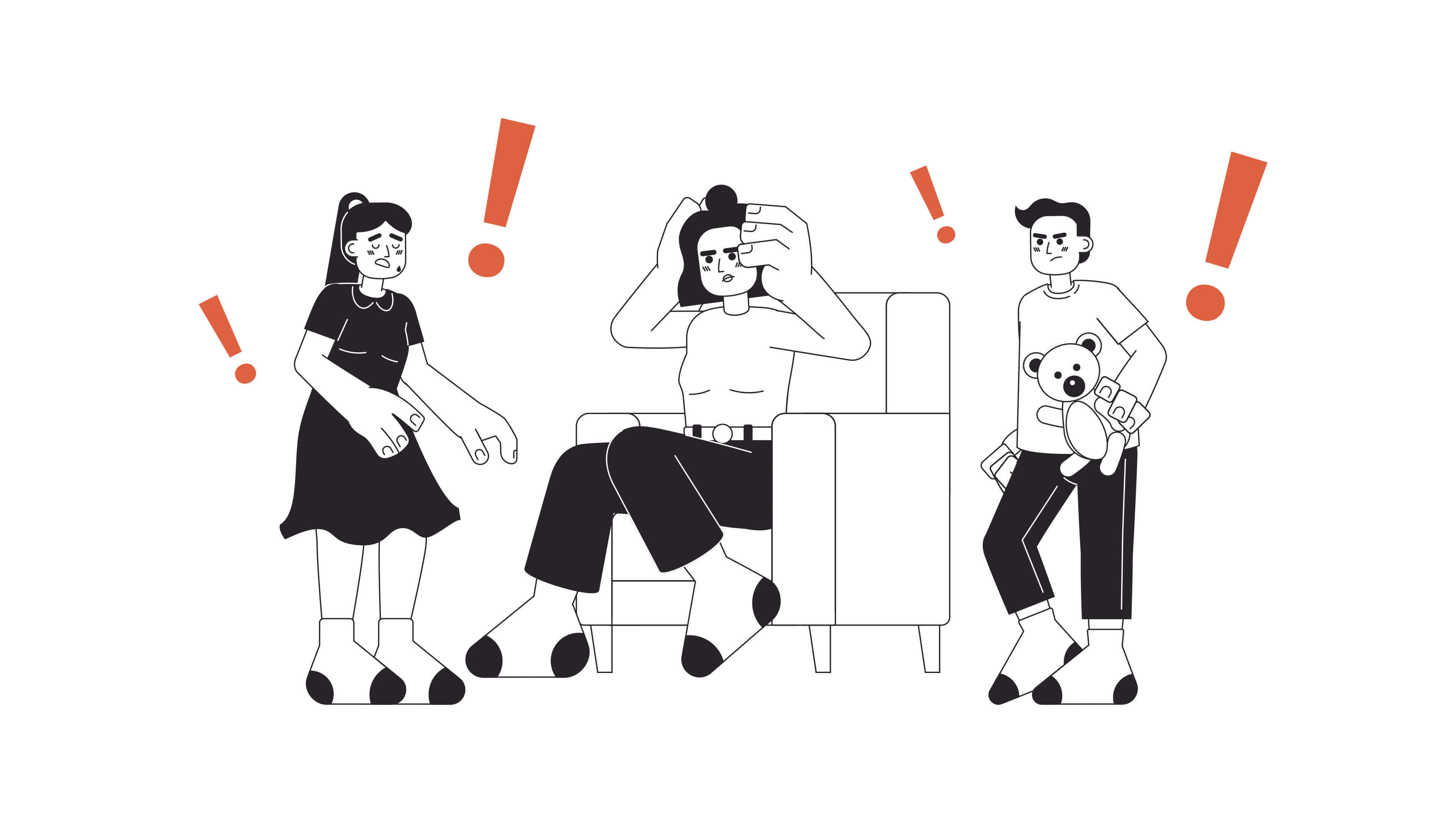 Kids loud noise bw cartoon animation. Busy mother children. Parenting