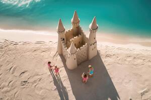 Aerial View of a Family of Four Enjoying a Sunny Day at the Beach Building Sandcastles - AI generated photo